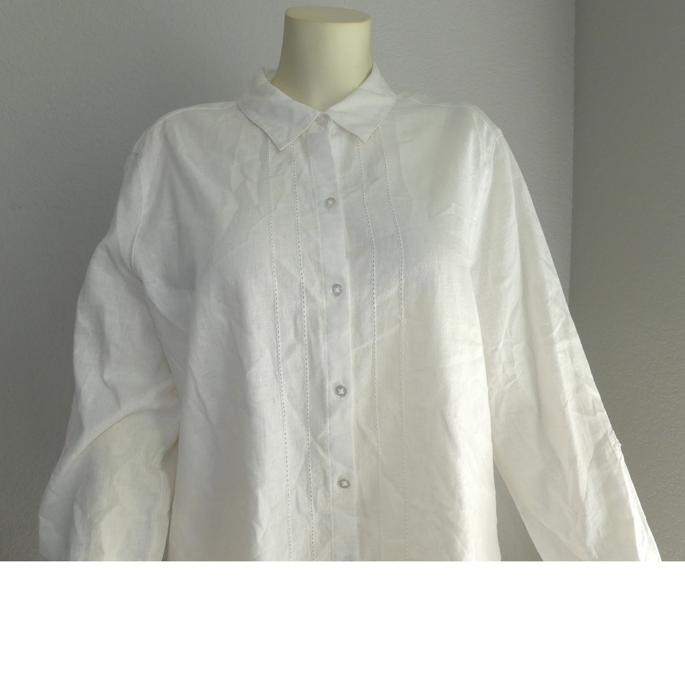 Kim Rogers Ivory Linen Blend Pintuck Button Down Shirt Size L Prairie Office